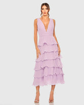 Purple Deep V Chiffon Sleeveless Ruffle Midi Dress