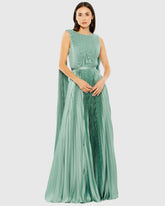 Green Sleeveless High Neck Cape Back Heat Pleated Gown