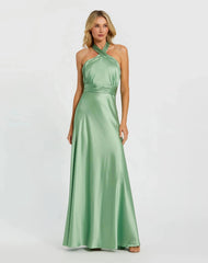 Green Ruched Halter Neck Tie Back Satin Gown