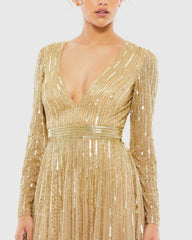 Gold Sequined V Neck Illusion Sleeve A Line Gown