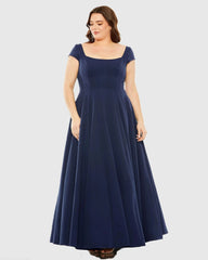 Navy Cap Sleeve Square Neck Ball Gown