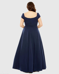 Navy Cap Sleeve Square Neck Ball Gown