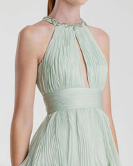 Green High Neck Chiffon Tiered Gown with Cut Out