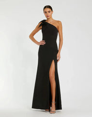 Crepe One Shoulder Fitted Evening Gown With Bow