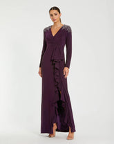 Purple Long Sleeve Gown with Cascading Ruffle & Rhinestone Shoulders