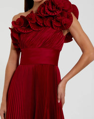 Red Pleated Charmeuse One-Shoulder Evening Gown with Ruffle Detail
