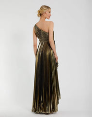 Gold Pleated Metallic One Shoulder High Low Gown