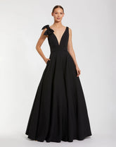 Black Sleeveless Plunge Neck Crepe Ballgown With Bow Detail
