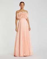 Pink Pleated Chiffon Strapless Gown With Ruffles