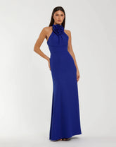 Blue Sleeveless Halter Neck Crepe Gown with Rosette Detail