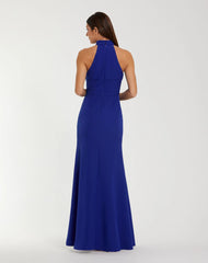 Blue Sleeveless Halter Neck Crepe Gown with Rosette Detail