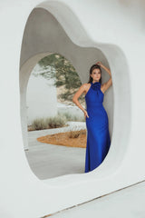 Blue Sleeveless Halter Neck Crepe Gown with Rosette Detail