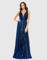 Blue Plunge Neck Pleated Metallic Gown