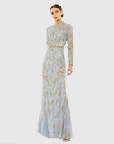 Gray Long Sleeve Beaded Evening Gown