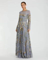 Blue and Gold Long Sleeve Embellished Illusion Evening Gown