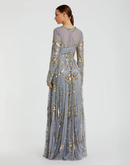 Blue and Gold Long Sleeve Embellished Illusion Evening Gown