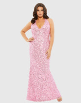 Pink Sequined Halter Strap Open Back Trumpet Gown (Plus)