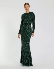 Green Hand Embellished Long Sleeve Gown