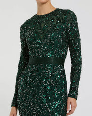 Green Hand Embellished Long Sleeve Gown