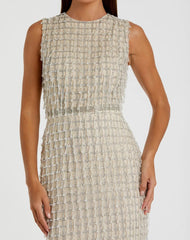 Beige Sleeveless High Neck Beaded Midi Sheath Dress