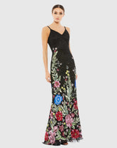 Black Floral Embellished Spaghetti Strap Gown
