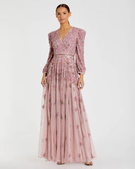 Pink Embellished V Neck Long Sleeve A Line Gown