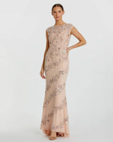 Pink Floral Embellished Cap Sleeve Column Gown