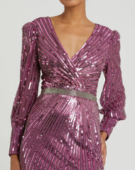Purple Sequined Wrap Over Bishop Sleeve Gown