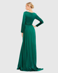 Green Long Sleeve Ruched Waist A-Line Gown