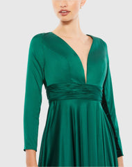 Green Long Sleeve Ruched Waist A-Line Gown