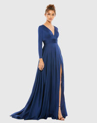 Navy Long Sleeve Ruched Waist A-Line Gown