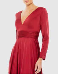 Red Long Sleeve Ruched Waist A-Line Gown