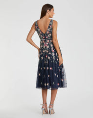 Navy V-Neck Sleeveless Midi Floral Beaded A-line Dress