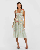 V-Neck Sleeveless Midi Floral Beaded A-line Dress