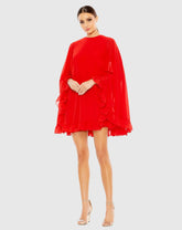 Red High Neck Ruffle Hem Cape Mini Dress