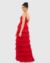 Red V-Neck Sleeveless Gown with Ruffled Skirt