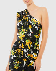 Black Floral Print Draped One Shoulder Midi Dress