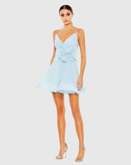 Blue Faux Wrap Bow Detail Flowy Mini Dress