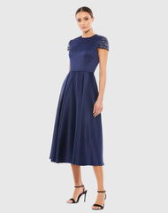 Navy High Neck Cap Sleeve Tea Length Dress