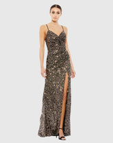 Black and Brown Gathered Waist Sequin Gown