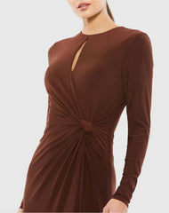 Brown Long Sleeve Keyhole Draped Gown