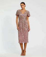 Embellished Faux Wrap Flutter Sleeve Dress