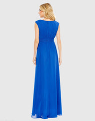 Blue Pleated Bateau Cap Sleeve A Line Gown