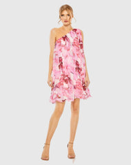 Pink Floral Print One-Shoulder Mini Dress