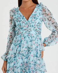 Blue Puff Sleeve Floral Printed Dress