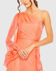 Orange One Sleeve Ruffled Hem Gown