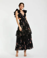 Black Ruffle Tiered Cut-Out Floral Print Chiffon Dress