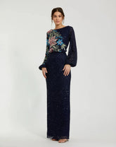 Navy High Neck Long Sleeve Sequin Gown