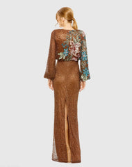 Brown High Neck Long Sleeve Sequin Gown