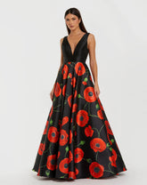 Black Plunge Neck Ballgown With Floral Mikado Skirt